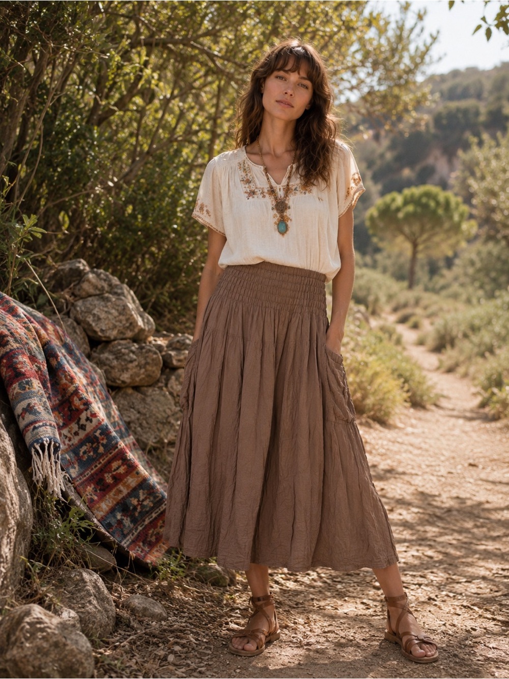 JP and Mattie Botiza Crinkle Skirt Knee Length Brown Coastal Boho Cottagecore